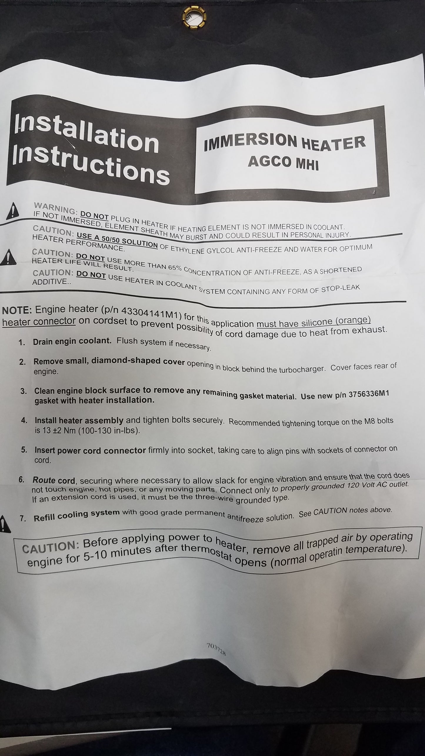 4330413M91 - Block Heater Kit 1736, 1742, 1749, 1754, 1758, 1759 - Massey Ferguson